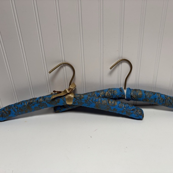 Other - 2 Vintage Padded Blue Gold Floral Clothing Boudoir Hangers w/ Ribbon Bow 16"